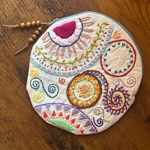 Embroidered Circular Cotton Pouch in Cream with Multicolor Stitching